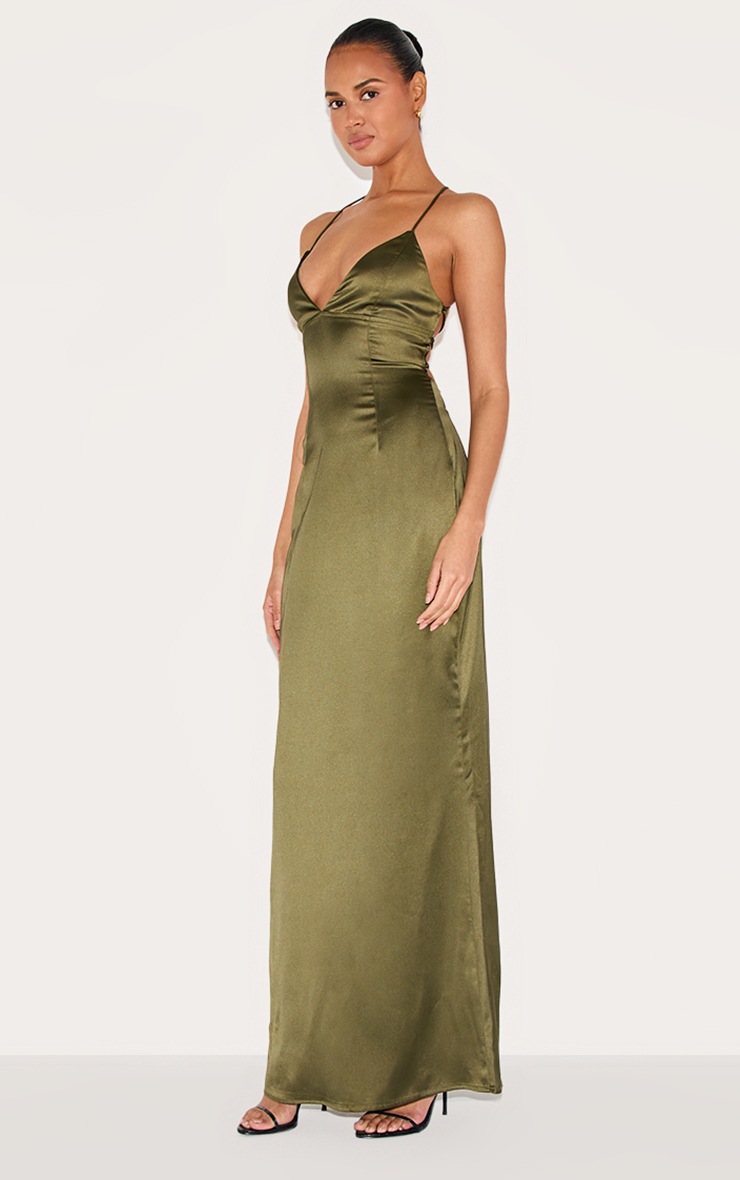 Pretty Little Thing Olive Satin Tie Back Maxi Dress