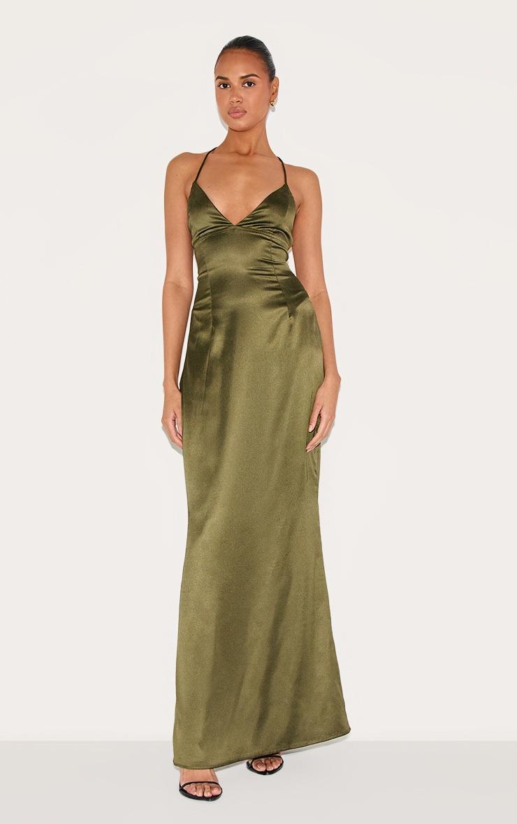Pretty Little Thing Olive Satin Tie Back Maxi Dress