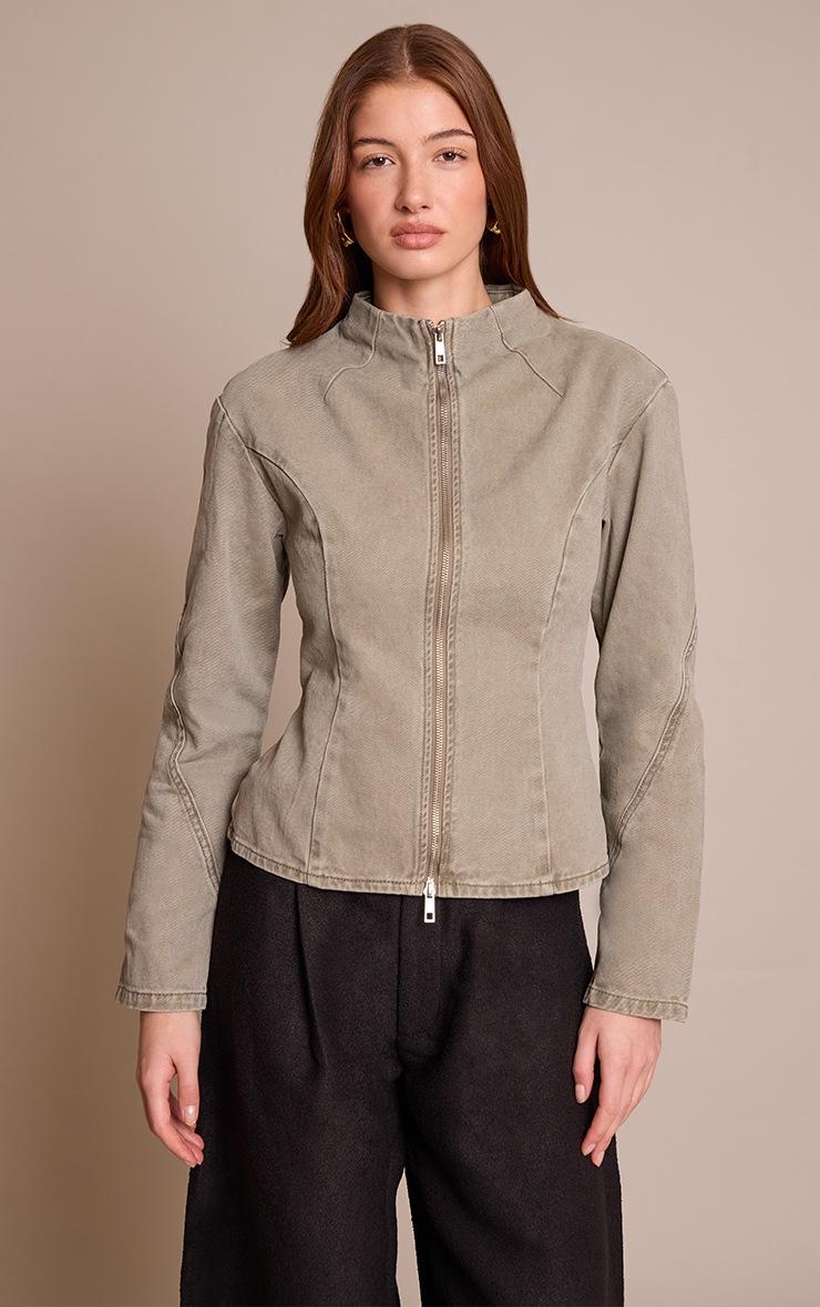 Pretty Little Thing Olive Seam Detail High Neck Fitted Jacket