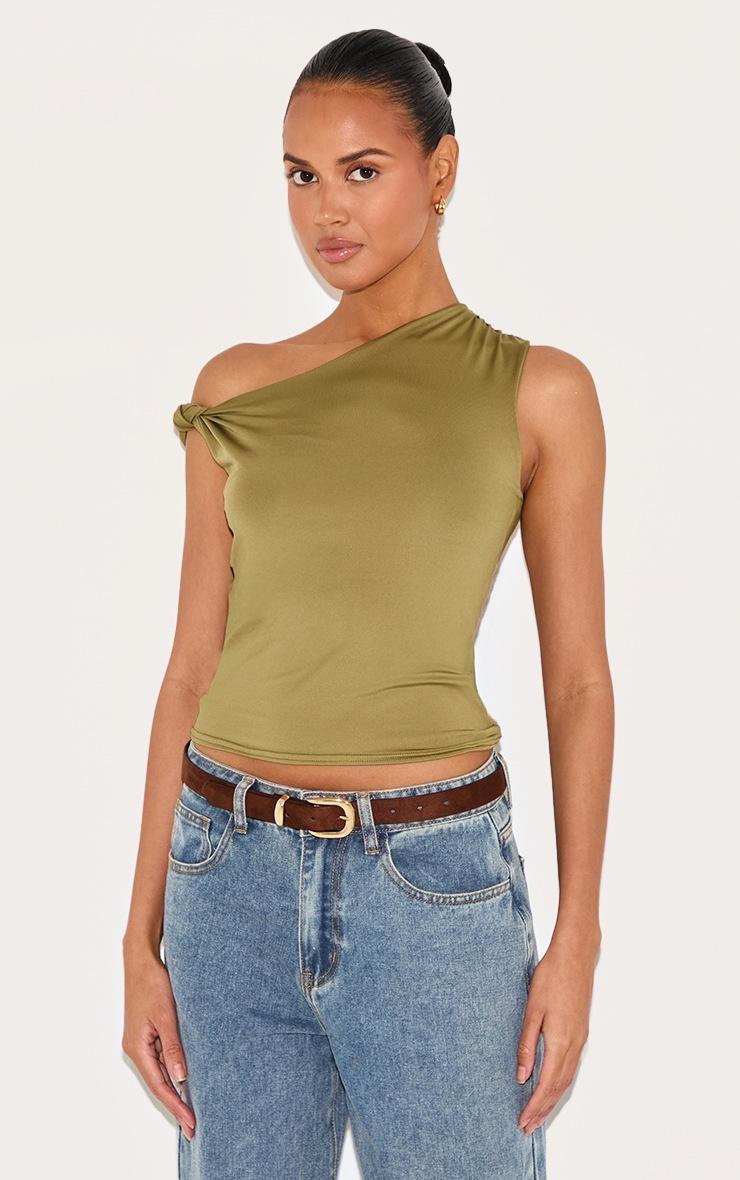 Pretty Little Thing Olive Slinky Knot Strap Detail Long Top