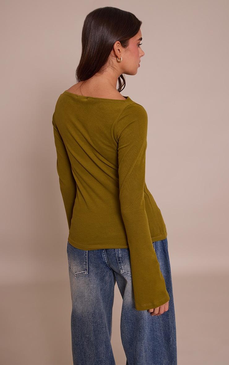 Pretty Little Thing Olive Soft Cotton Boat Neck Flared Long Sleeve Top