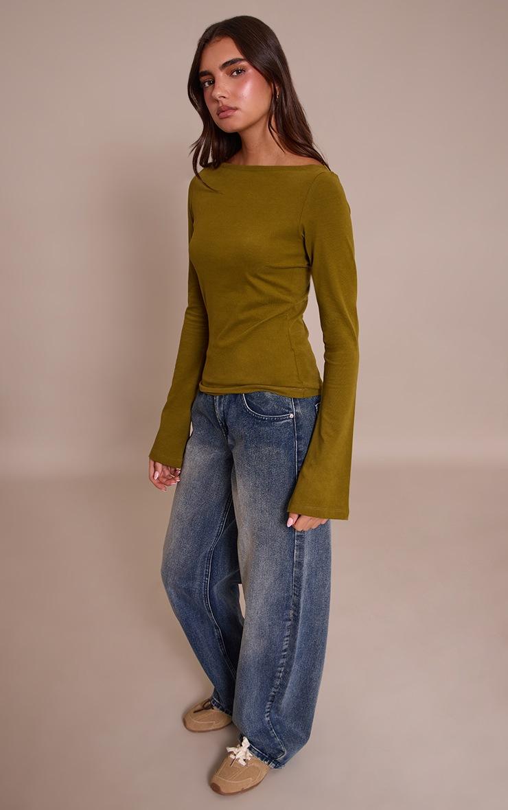 Pretty Little Thing Olive Soft Cotton Boat Neck Flared Long Sleeve Top