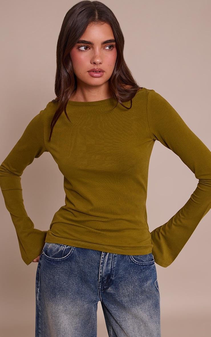 Pretty Little Thing Olive Soft Cotton Boat Neck Flared Long Sleeve Top