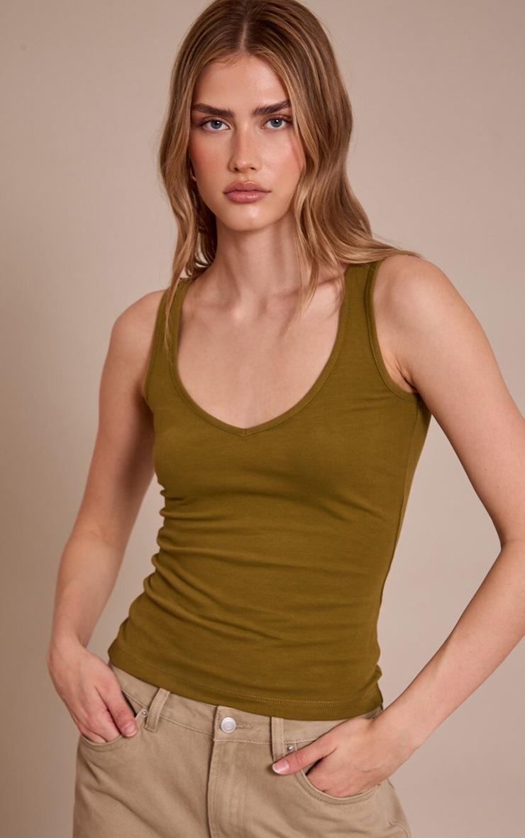Pretty Little Thing Olive Soft Cotton V Neck Vest Top