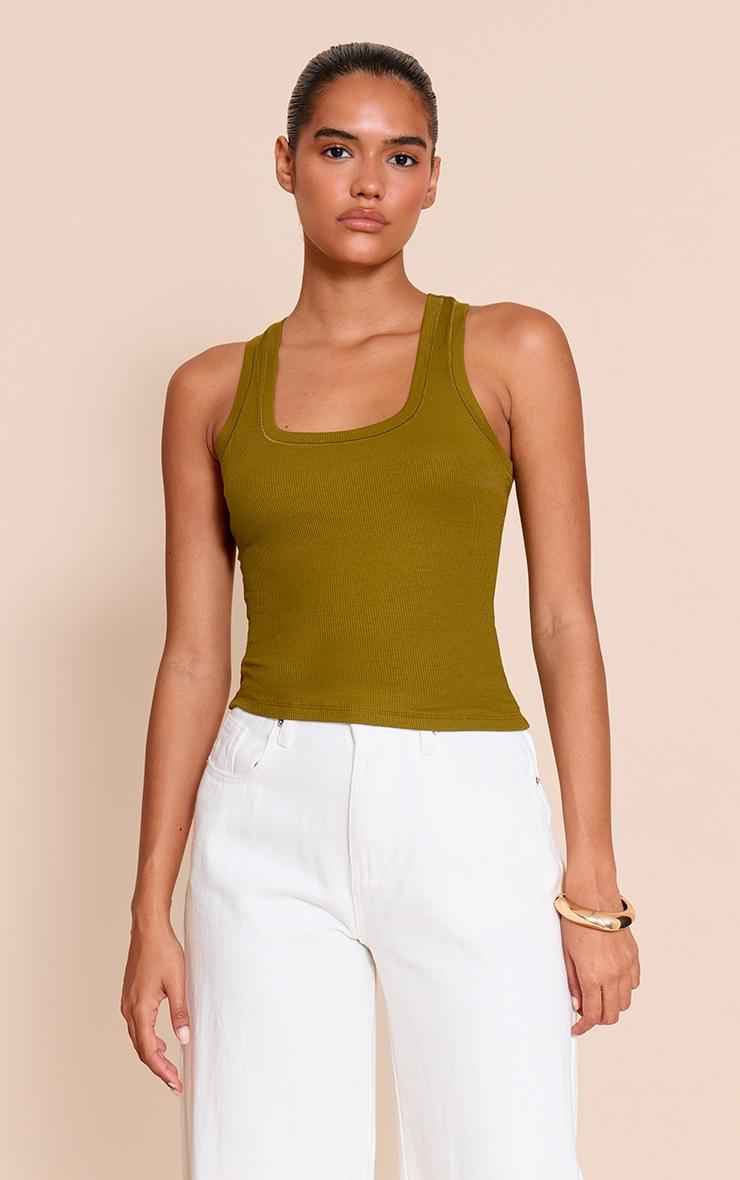 Pretty Little Thing Olive Soft Rib Scoop Neck Vest Top