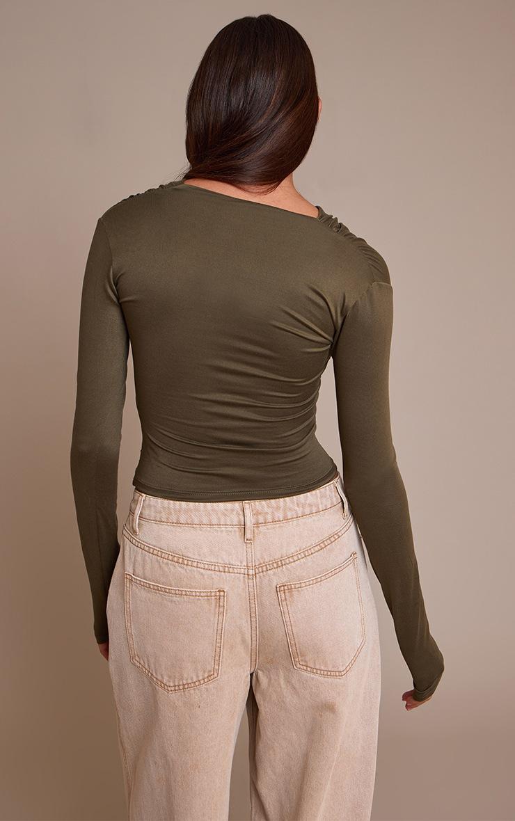 Pretty Little Thing Olive Soft Touch Ruched Front Detail Long Sleeve Top