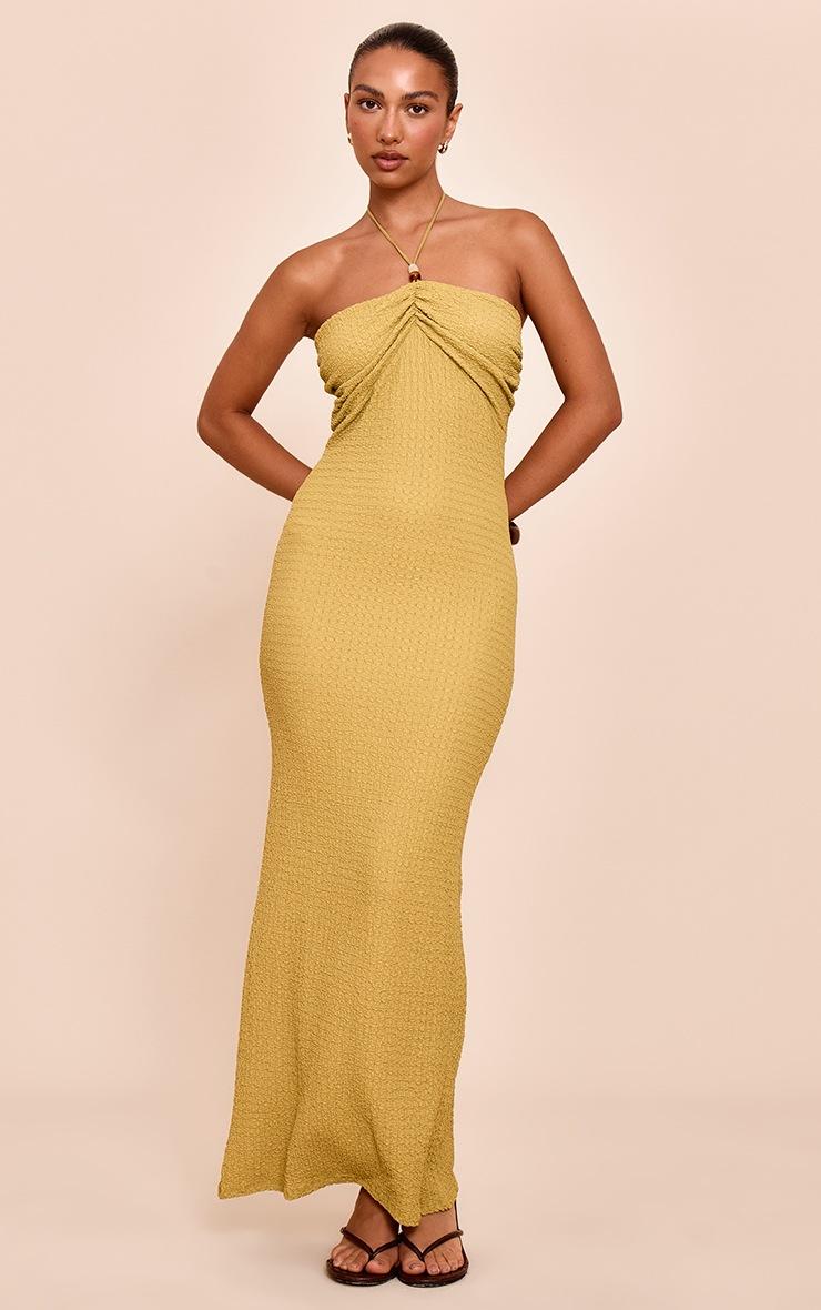 Pretty Little Thing Olive Textured Beaded Detail Halterneck Maxi Dress