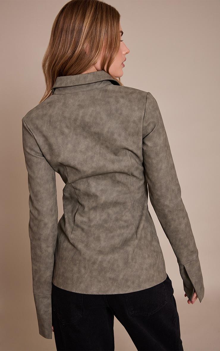 Pretty Little Thing Olive Textured Faux Leather Fitted Shirt