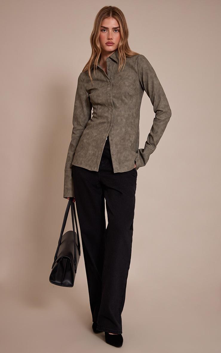 Pretty Little Thing Olive Textured Faux Leather Fitted Shirt
