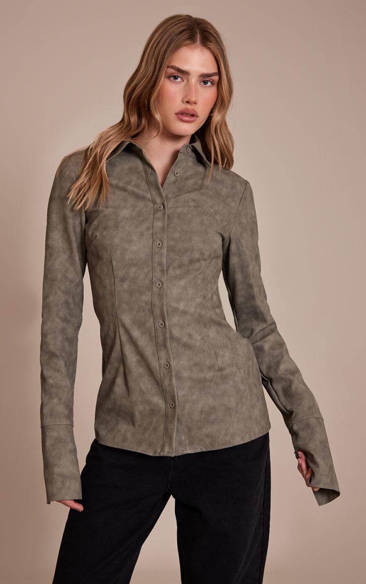 Pretty Little Thing Olive Textured Faux Leather Fitted Shirt