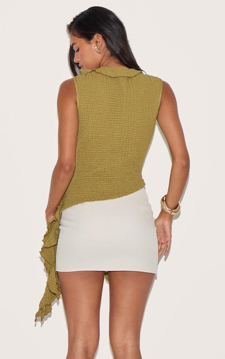 Pretty Little Thing Olive Textured Ruffle Asymmetric Long Top