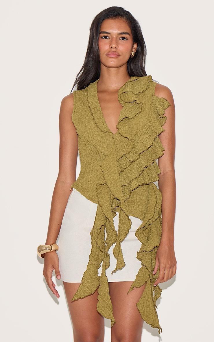 Pretty Little Thing Olive Textured Ruffle Asymmetric Long Top