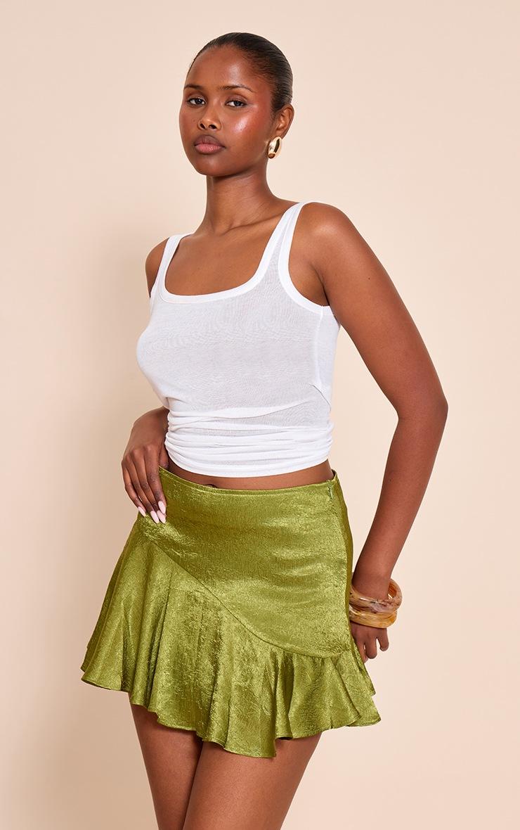 Pretty Little Thing Olive Textured Satin Scalloped Edge Mini Skirt