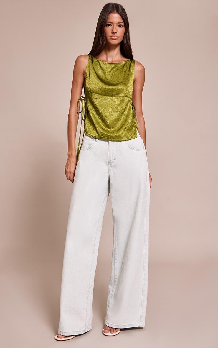 Pretty Little Thing Olive Textured Satin Tie Side Long Top