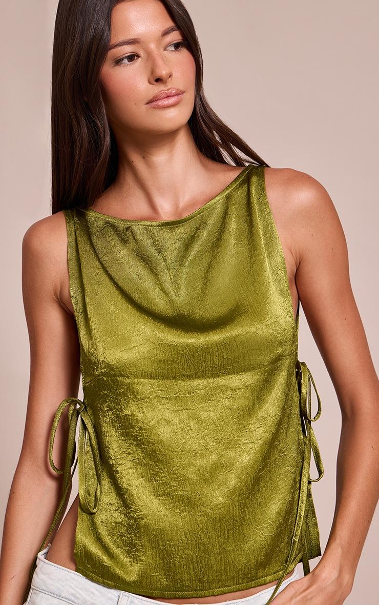Pretty Little Thing Olive Textured Satin Tie Side Long Top