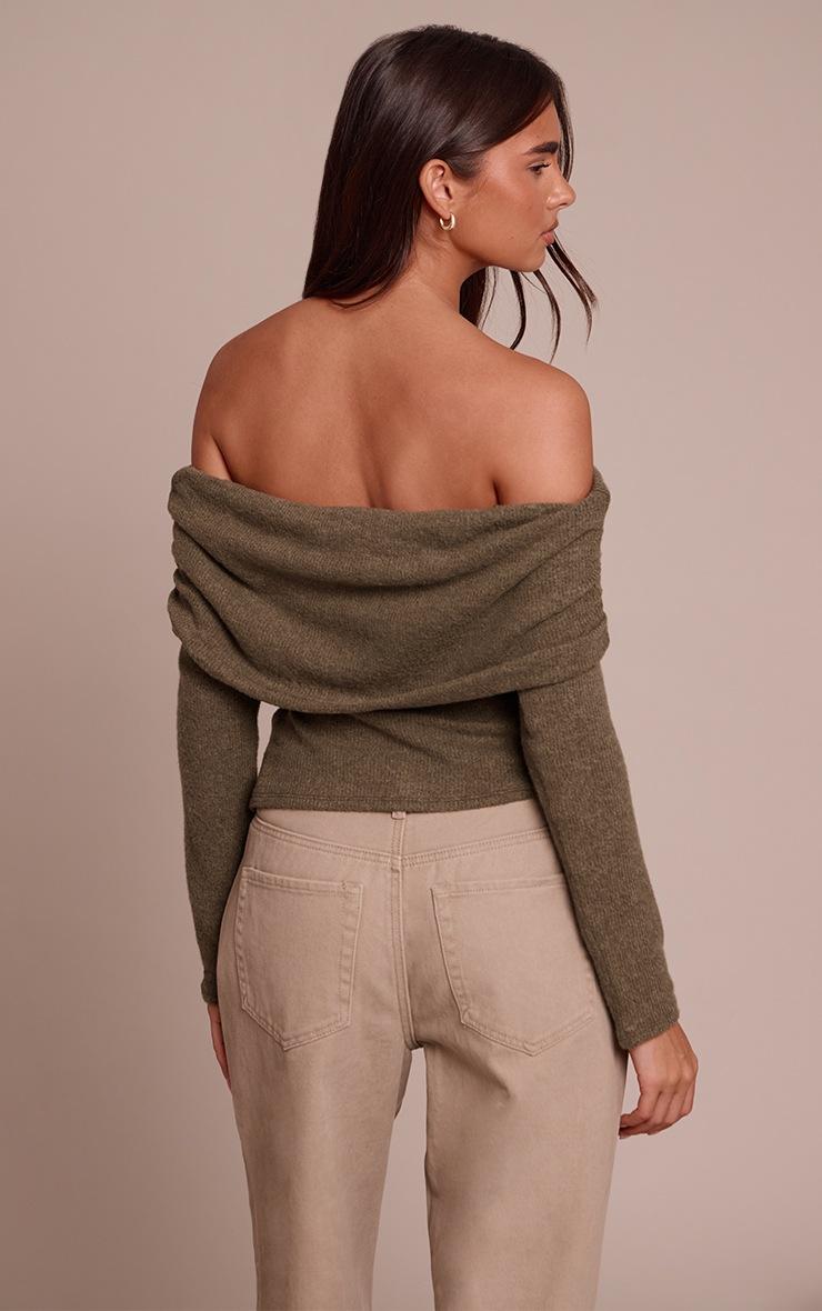 Pretty Little Thing Olive Textured Wool Look Fold Over Detail Long Sleeve Top