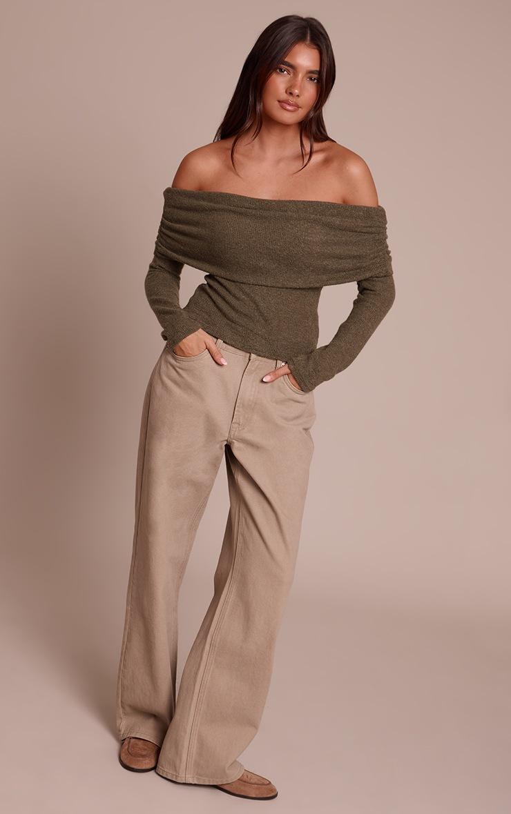 Pretty Little Thing Olive Textured Wool Look Fold Over Detail Long Sleeve Top
