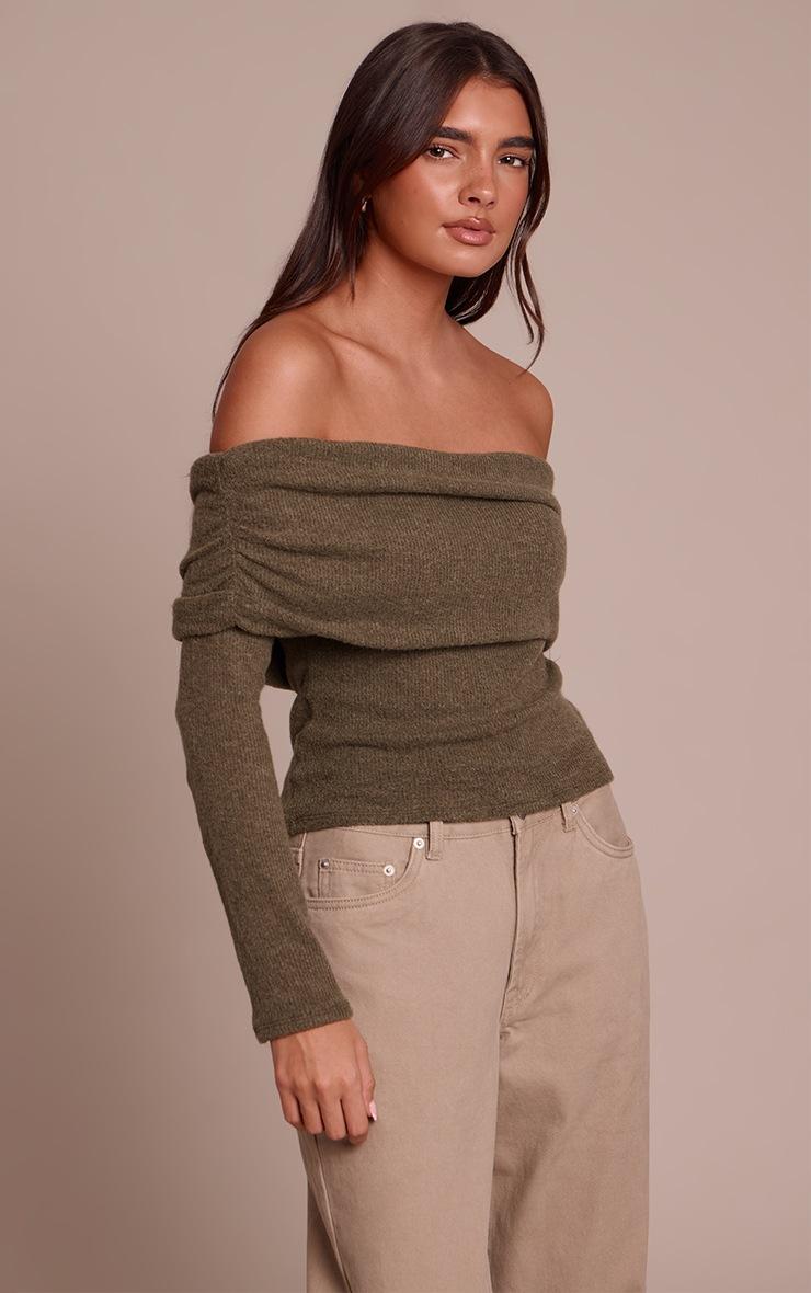 Pretty Little Thing Olive Textured Wool Look Fold Over Detail Long Sleeve Top