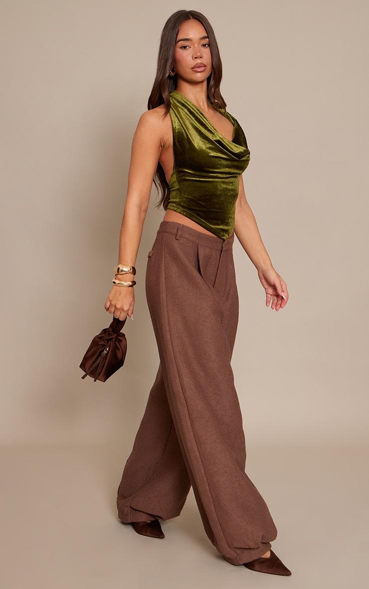 Pretty Little Thing Olive Velvet Cowl Neck Long Top