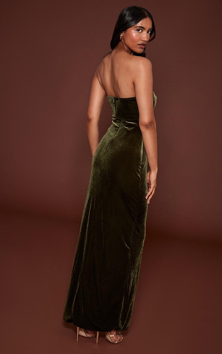 Pretty Little Thing Olive Velvet Twist Bandeau Maxi Dress