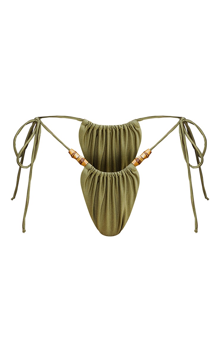 Pretty Little Thing Olive Wooden Bead Ruched Tie Side Bikini Bottoms