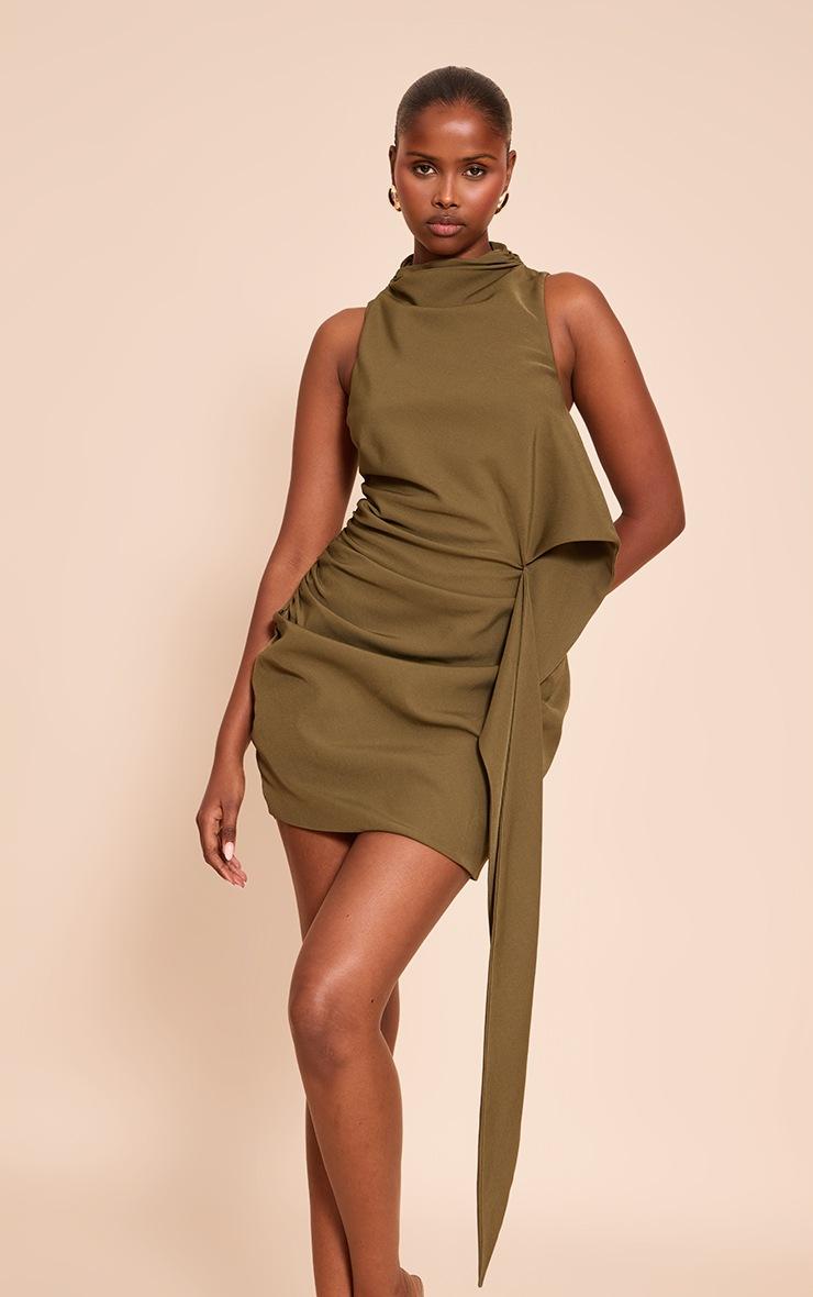Pretty Little Thing Olive Woven High Neck Drape Mini dress
