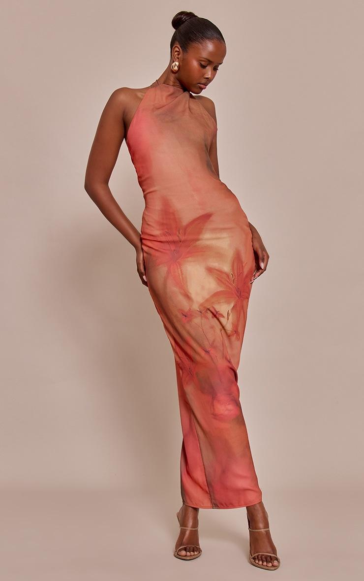 Pretty Little Thing Orange Floral Printed Chiffon High Neck Maxi Dress