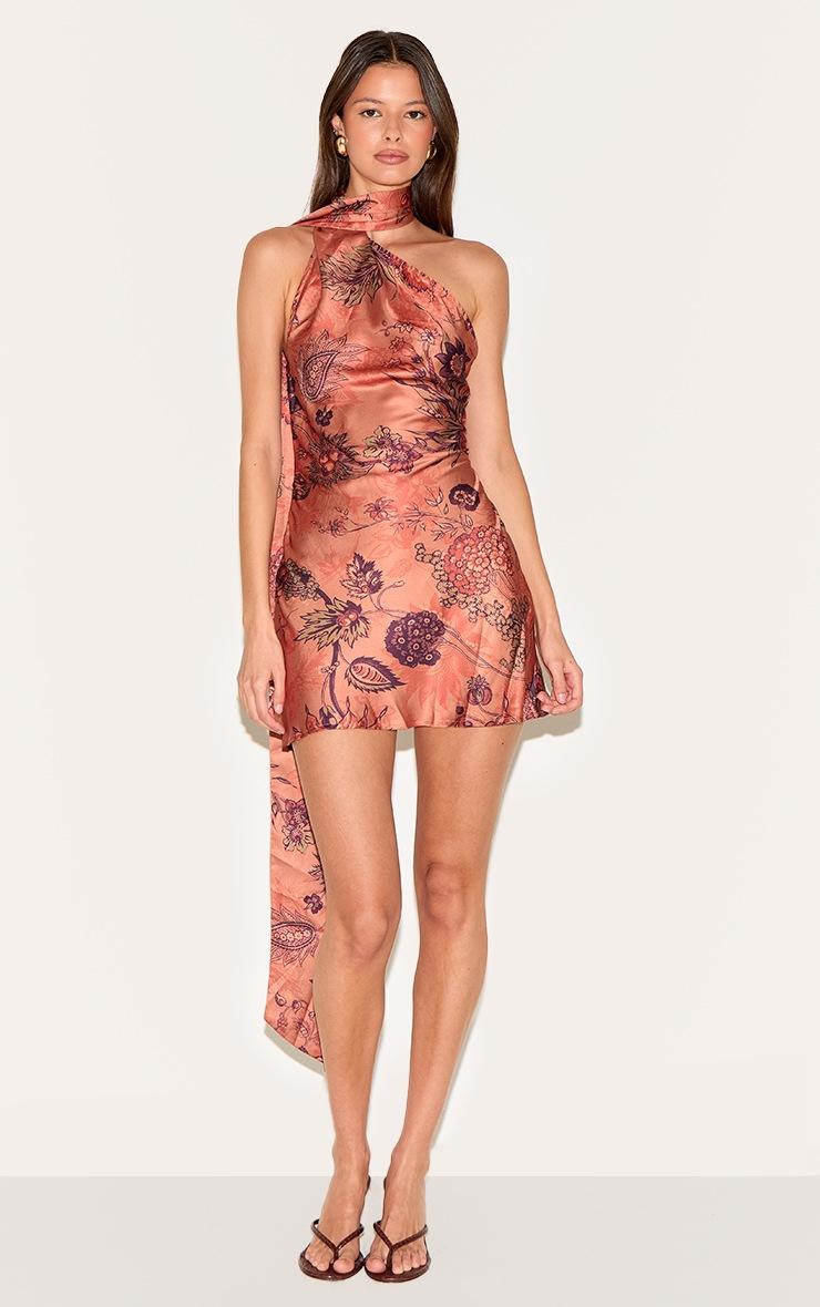 Pretty Little Thing Orange Floral Printed Satin Scarf Detail Bodycon Dress