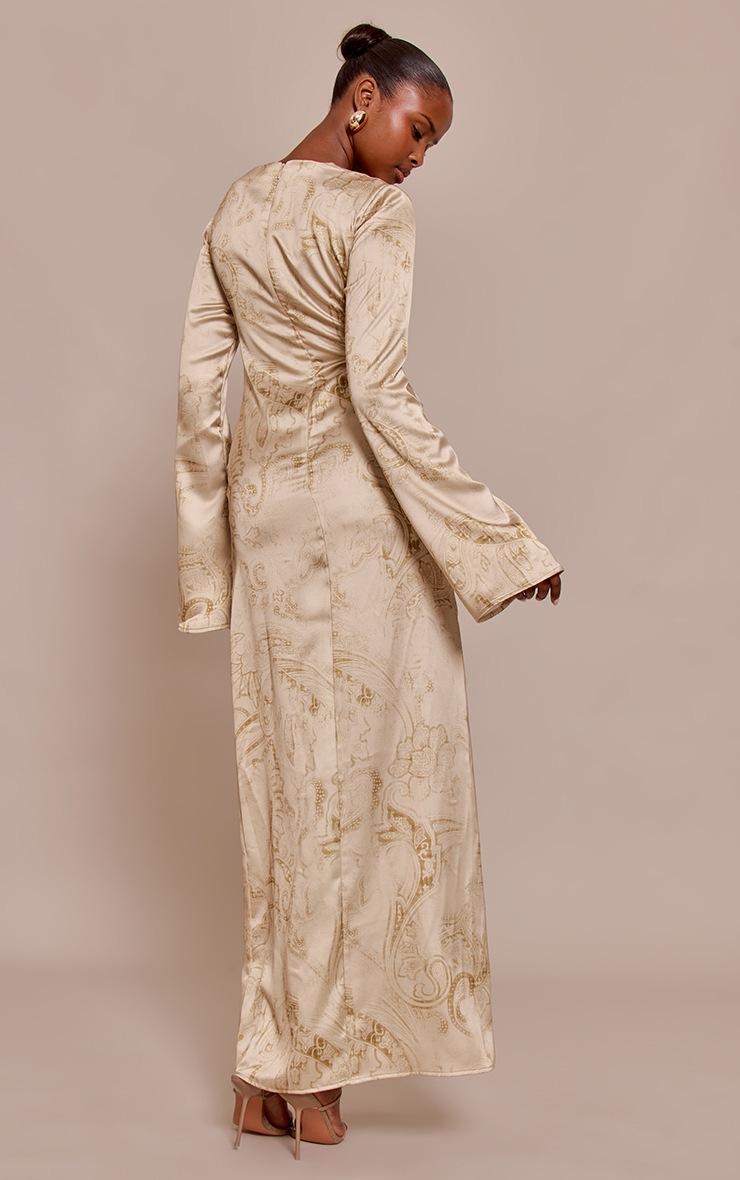 Pretty Little Thing Pale Chartreuse Paisley Printed Satin Flute Sleeve Maxi Dress