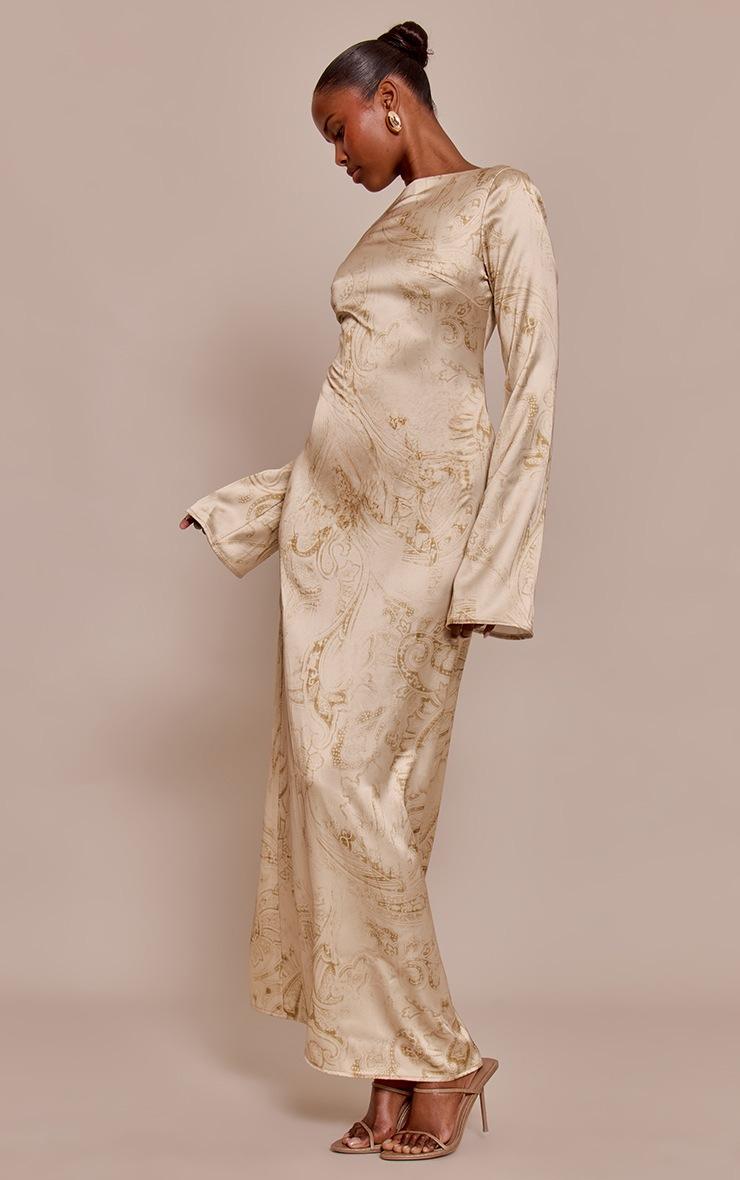 Pretty Little Thing Pale Chartreuse Paisley Printed Satin Flute Sleeve Maxi Dress