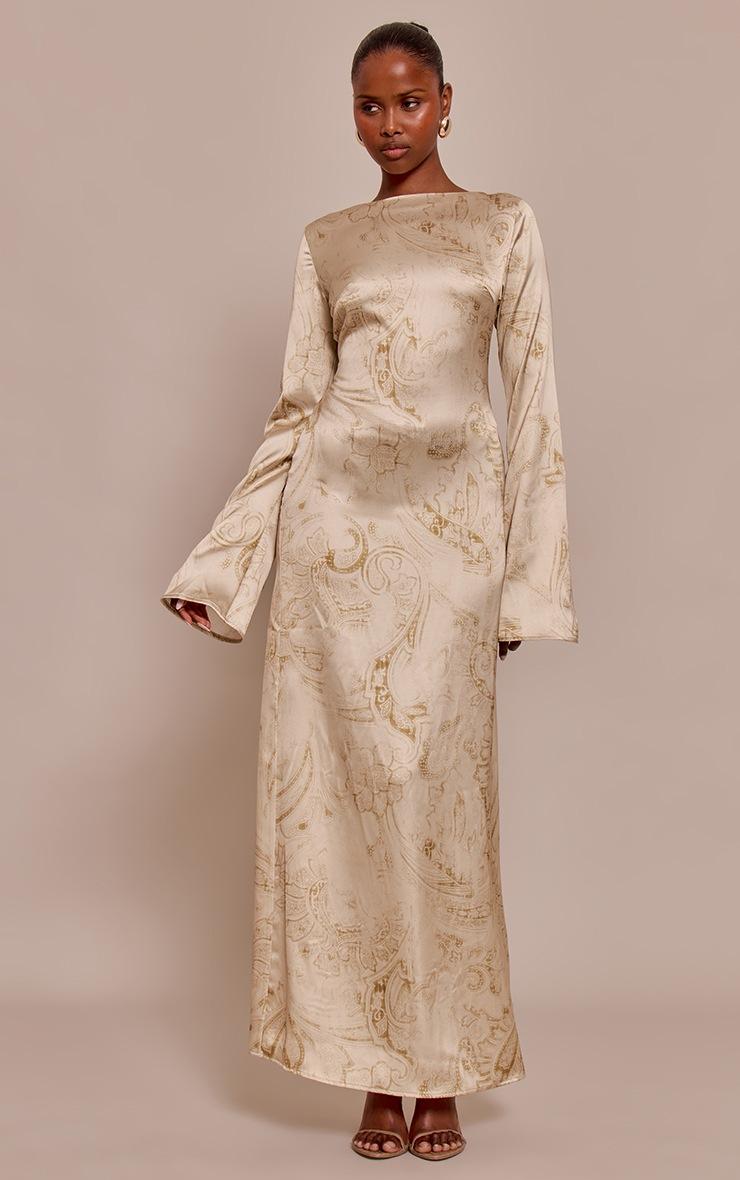 Pretty Little Thing Pale Chartreuse Paisley Printed Satin Flute Sleeve Maxi Dress