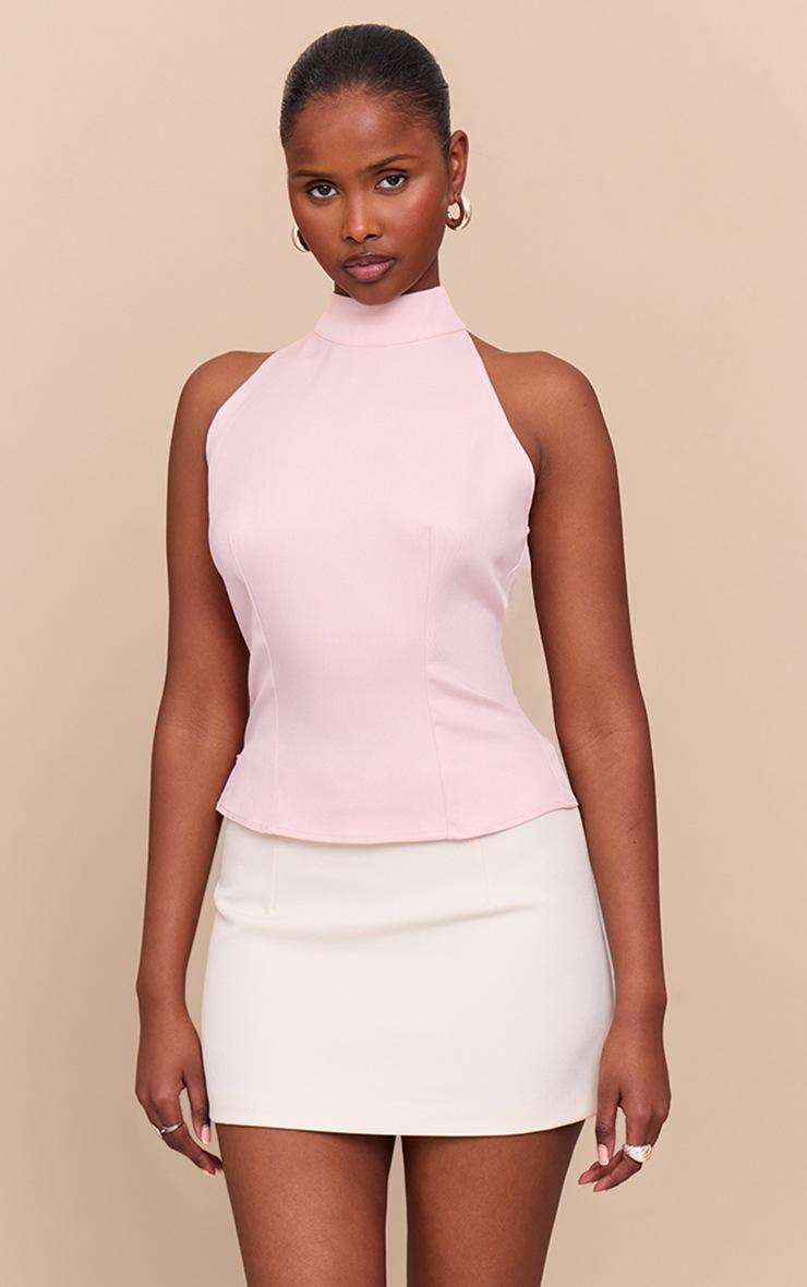 Pretty Little Thing Pale Pink Woven High Neck Tie Detail Top