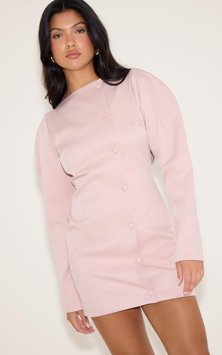 Pretty Little Thing Pale Pink Woven Slash Neck Button Detail Mini Dress