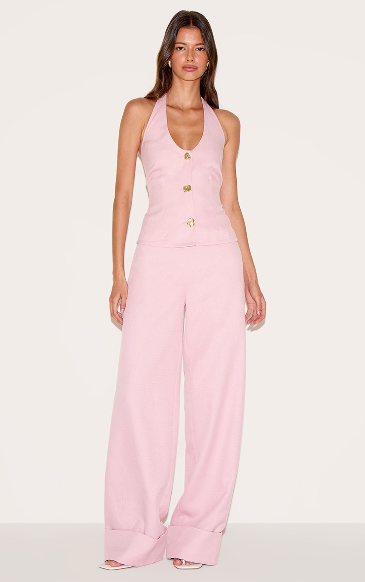 Pretty Little Thing Pale Rose Textured Woven Wide Leg Pant