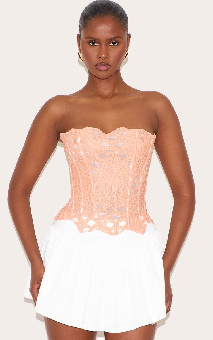Pretty Little Thing Peach Textured Sheer Floral Lace Corset