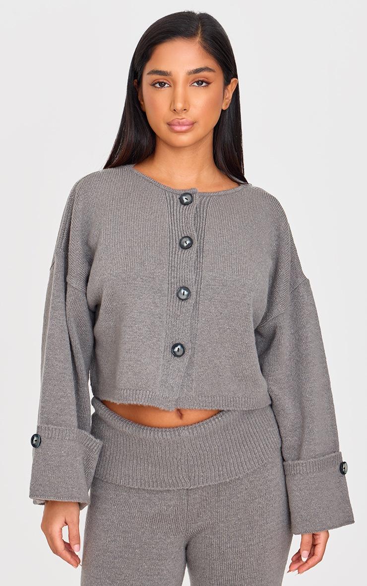 Pretty Little Thing Petite Ash Grey Knitted Turn Up Sleeve Cardigan