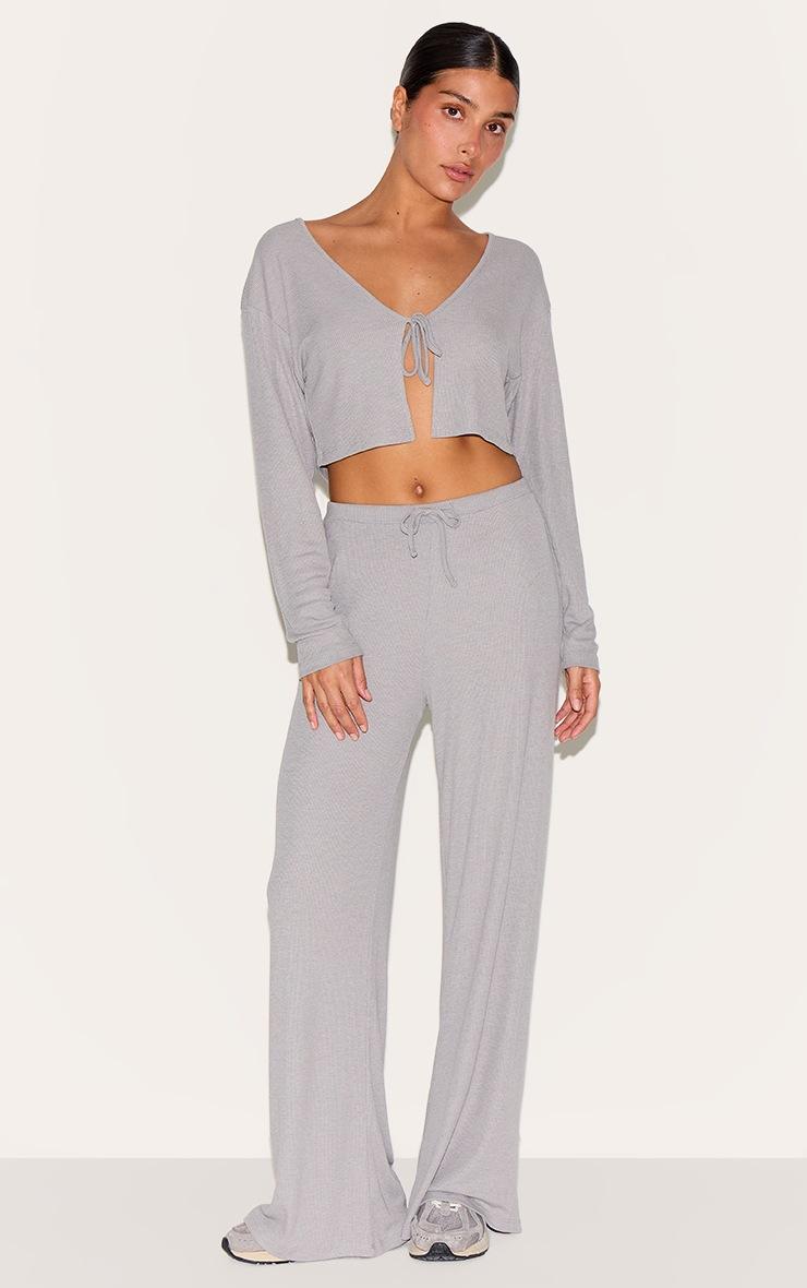 Pretty Little Thing Petite Ash Grey Soft Ribbed Tie Front Top