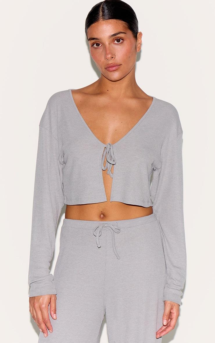 Pretty Little Thing Petite Ash Grey Soft Ribbed Tie Front Top