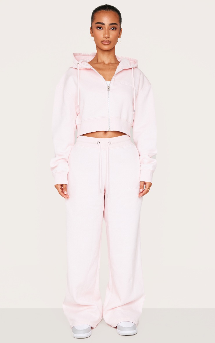 Pretty Little Thing Petite Baby Pink Tie Waist Embossed Detail Wide Leg Sweatpants