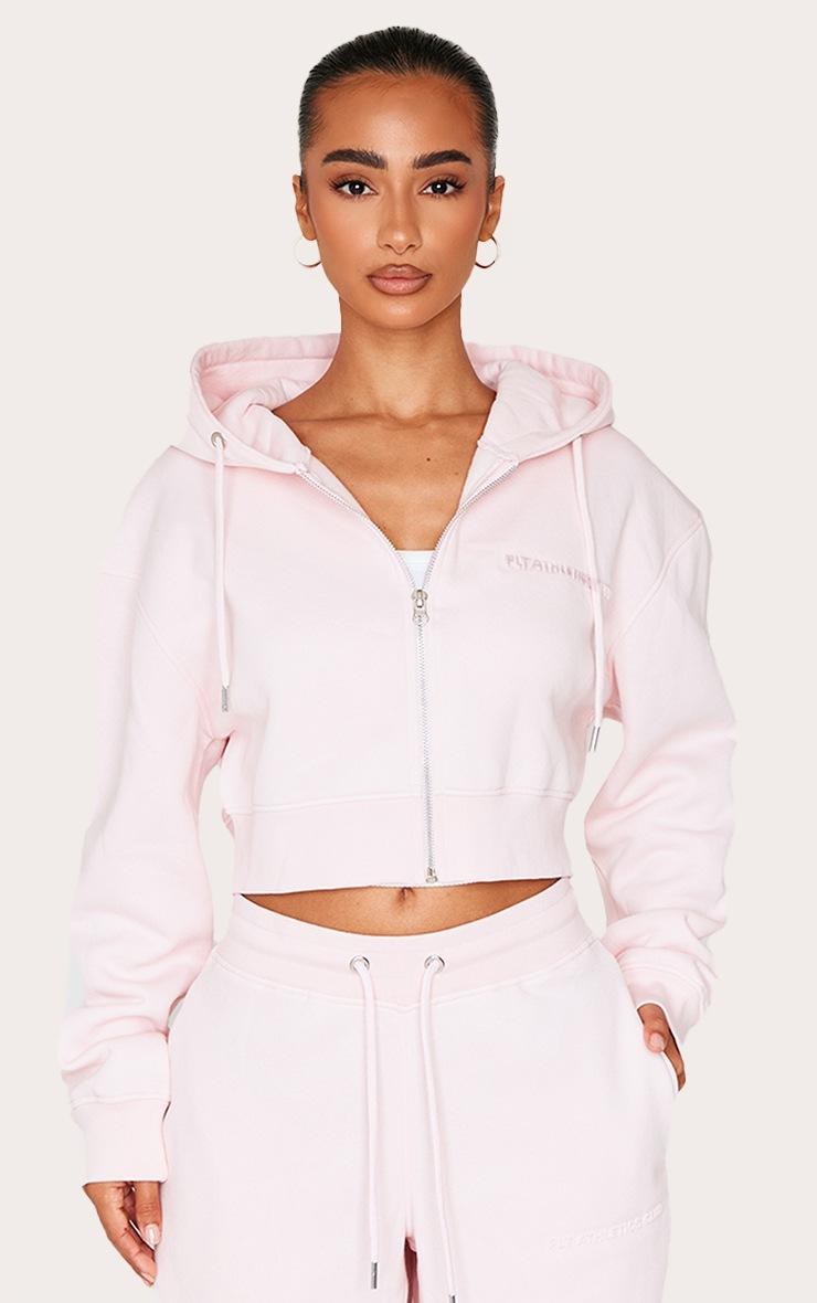 Pretty Little Thing Petite Baby Pink Zip Up Embossed Detail Crop Hoodie