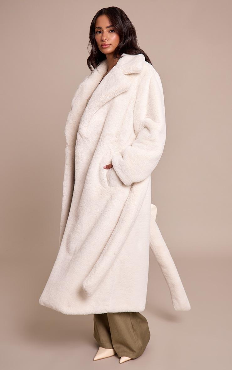 Pretty Little Thing Petite Beige Faux Fur Tie Waist Maxi Coat