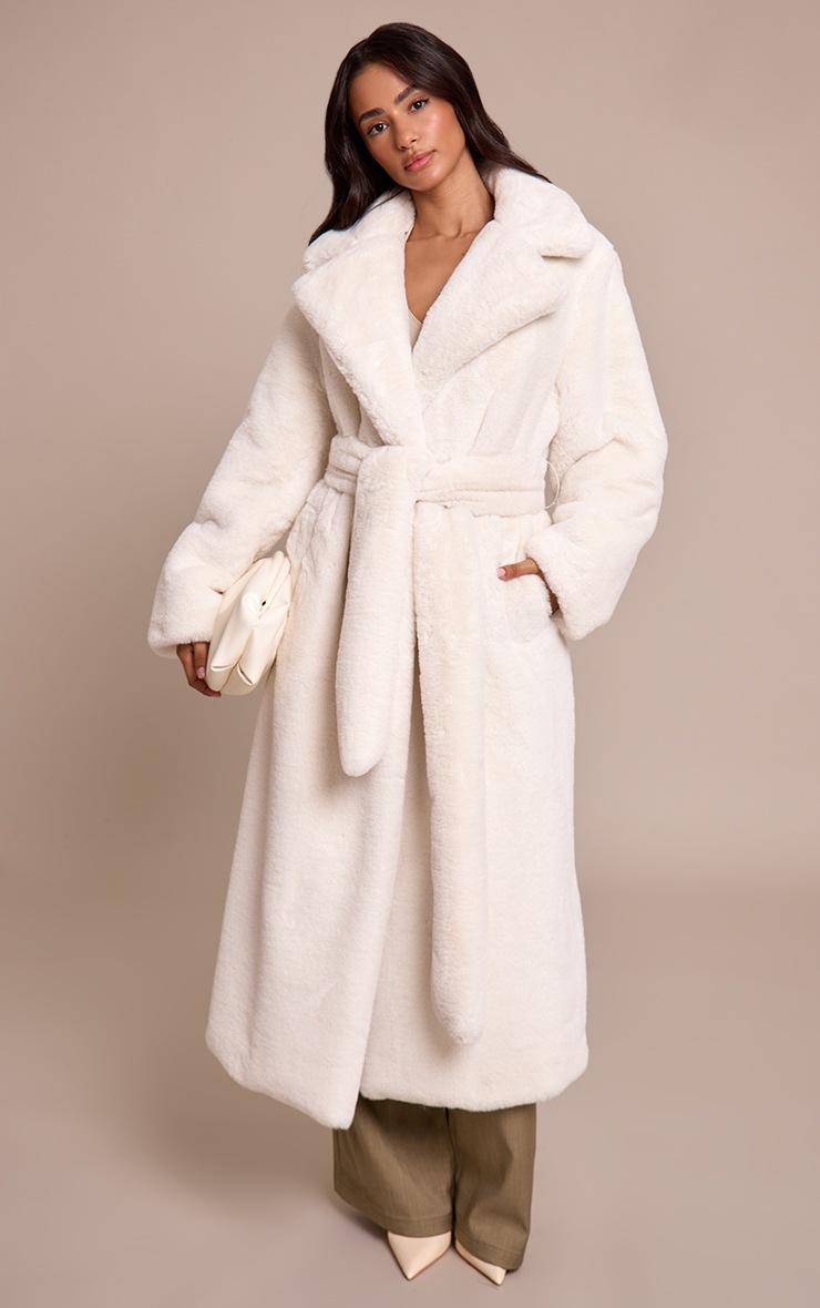 Pretty Little Thing Petite Beige Faux Fur Tie Waist Maxi Coat