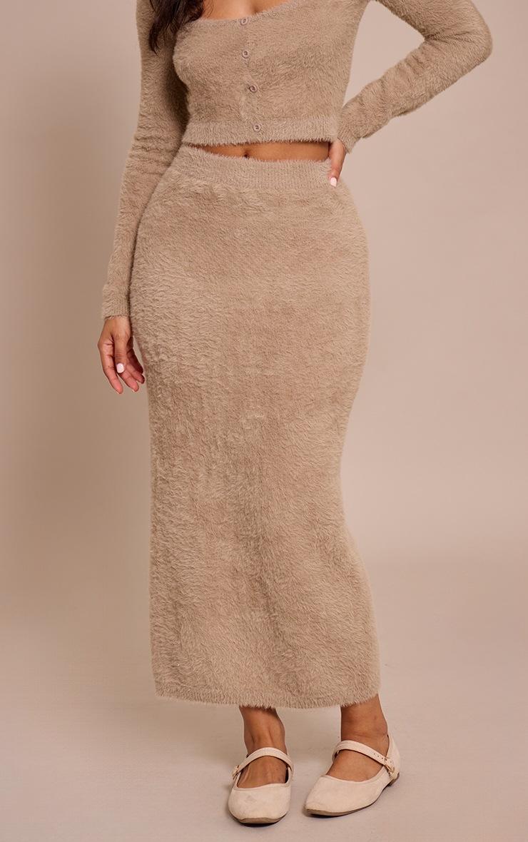 Pretty Little Thing Petite Beige Fluffy Knit Low Waist Maxi Skirt