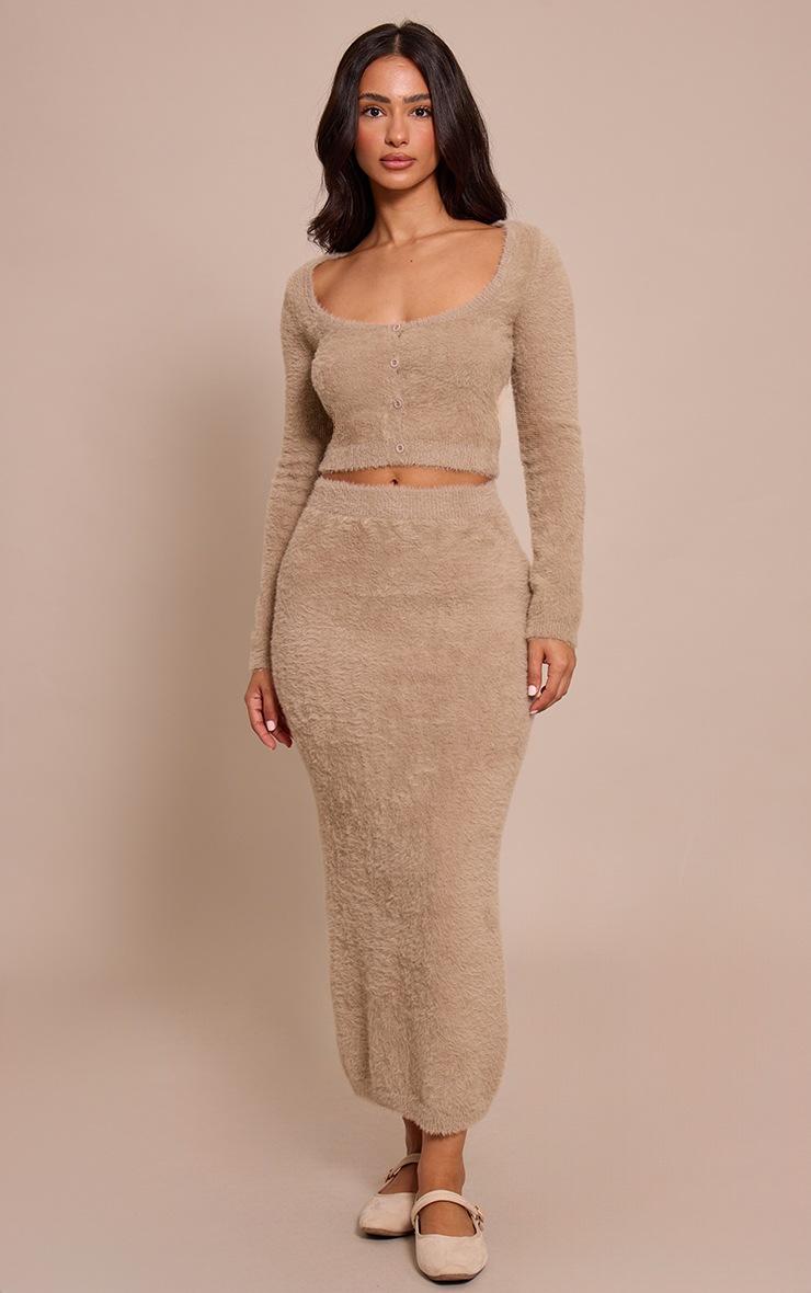 Pretty Little Thing Petite Beige Fluffy Knit Low Waist Maxi Skirt