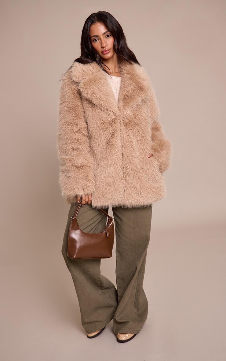 Pretty Little Thing Petite Beige Oversized Midi Faux Fur Coat