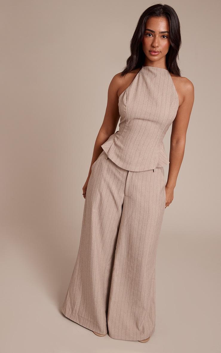 Pretty Little Thing Petite Beige Pinstripe Halterneck Top
