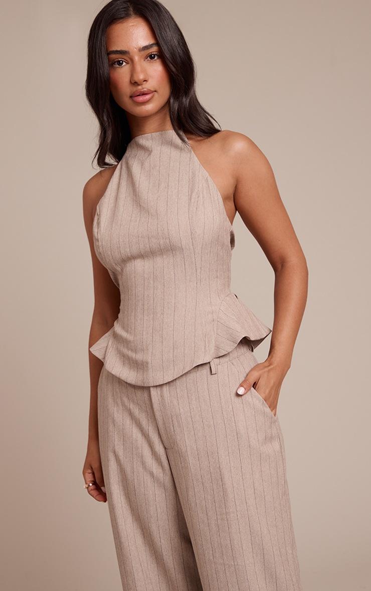 Pretty Little Thing Petite Beige Pinstripe Halterneck Top