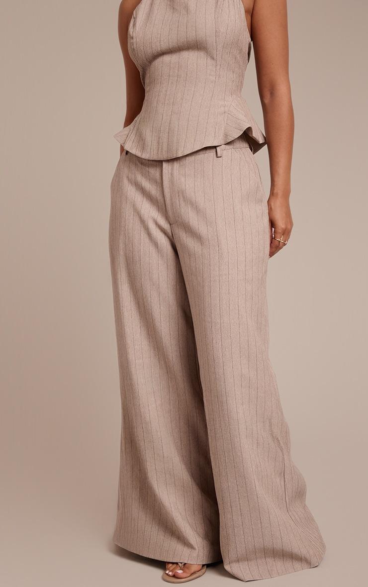 Pretty Little Thing Petite Beige Pinstripe Wide Leg Tailored Pants