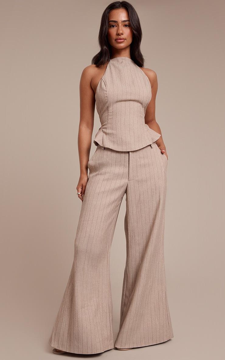 Pretty Little Thing Petite Beige Pinstripe Wide Leg Tailored Pants