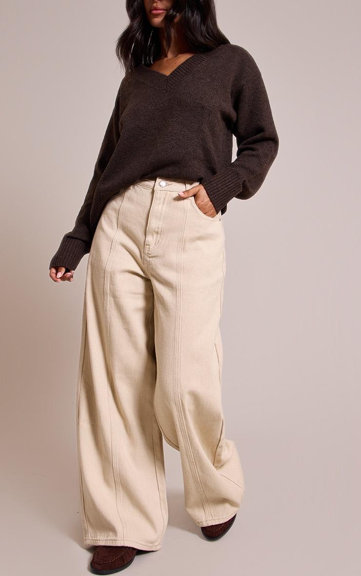 Pretty Little Thing Petite Beige Wide Leg Seam Detail Jeans